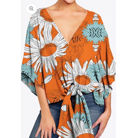 Orange Floral Print Tie Front Blouse Kimono Sleeves, Large - Picture 4 of 4